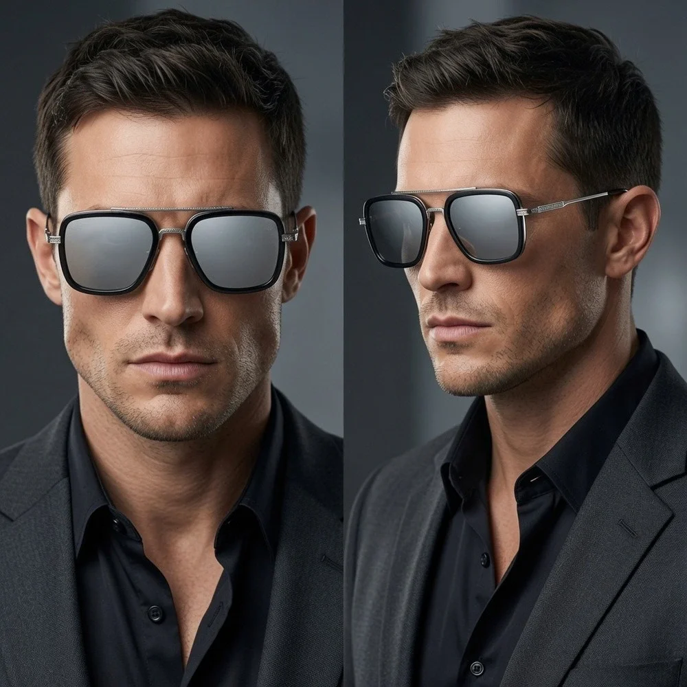 Mens Square Sunglasses Silver Mirror Lens Black Frame Double Bridge Classic 2026